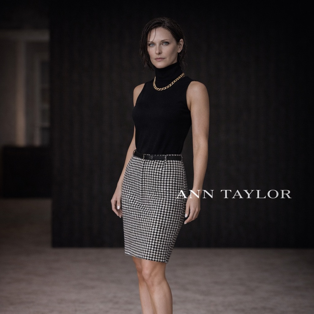Ann Taylor Skirt, Wool Blend Houndstooth Pencil Skirt Black Ivory 2 Petite.